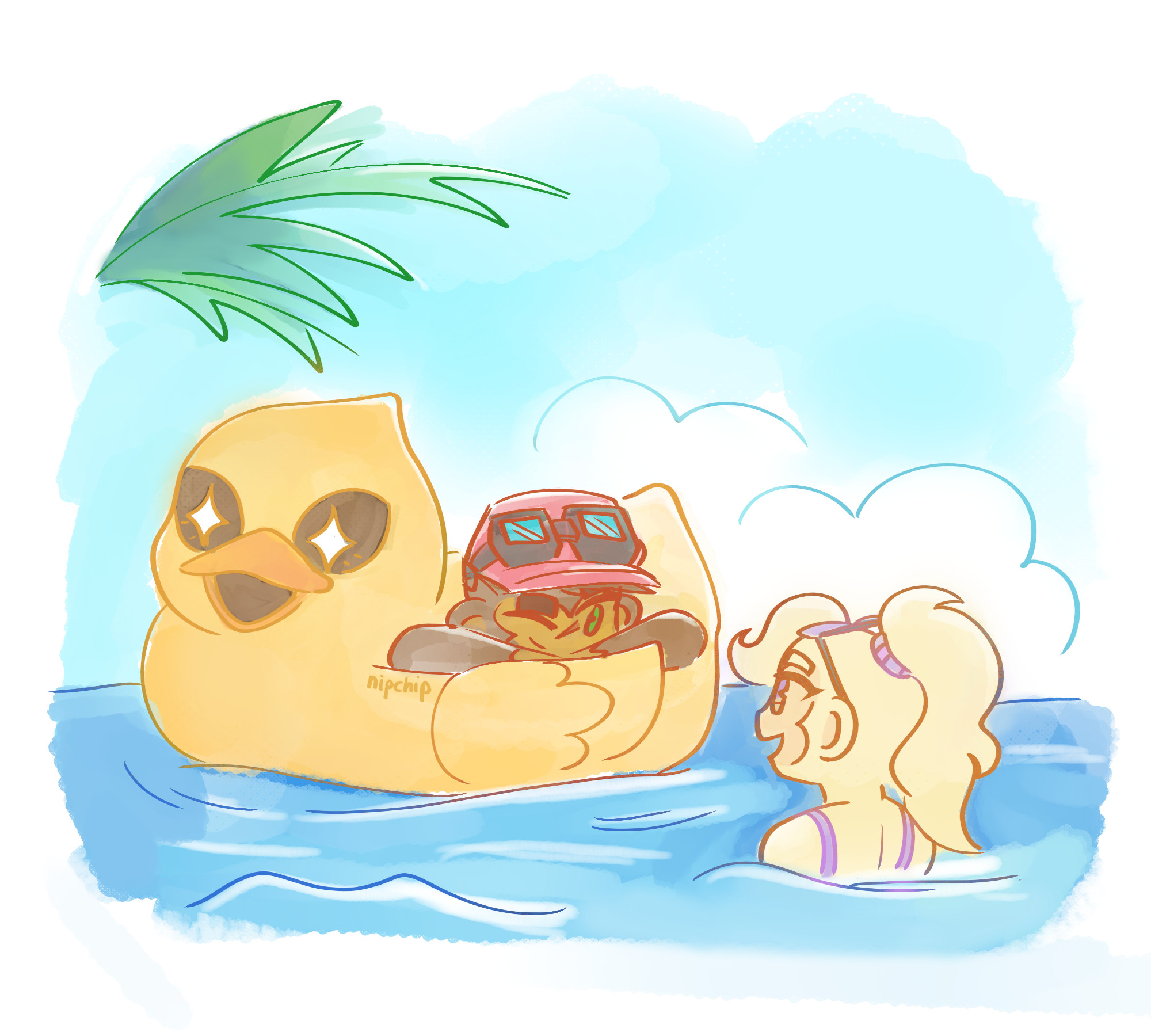 Churchill and Adora at the beach, chilling in the ocean. Churchill (rubber ducky skin) is resting his arms in his rubber ducky pool floatie. Adora (sunbathing cosmetic) is in the water.